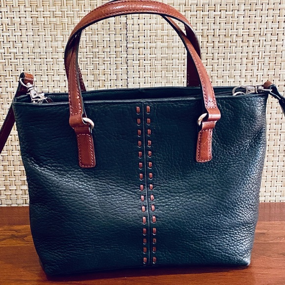 🌟2xHP🌟VTG 2000s Black & Brown Top Handle Pebbled Leather Crossbody Bag Fossil - Picture 2 of 14